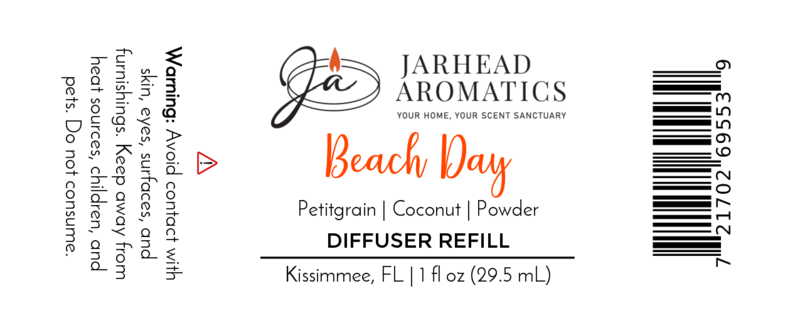 Label for “Beach Day Car Diffuser Refill | Coconut Citrus & Coastal Car Air Freshener” by Jarhead Aromatics. Features tropical notes of petitgrain, coconut & powder. Long-lasting scent. Avoid skin/eye contact. Barcode right side.