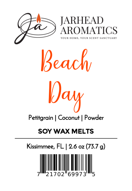 Beach Day Soy Wax Melt by Jarhead Aromatics features fresh coastal coconut and citrus scents. These 2.6 oz (73.7 g) long-lasting melts are crafted in Kissimmee, FL. Barcode included at the bottom.