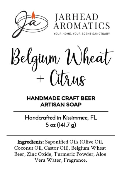 Label for Belgium Wheat + Citrus Handmade Craft Beer Artisan Soap by Jarhead Aromatics. This bright citrus & wheat beer soap is handmade in Kissimmee, FL with quality ingredients, including olive oil, wheat beer, turmeric powder, and vibrant citrus. Net Wt. 5 oz (141.7g).