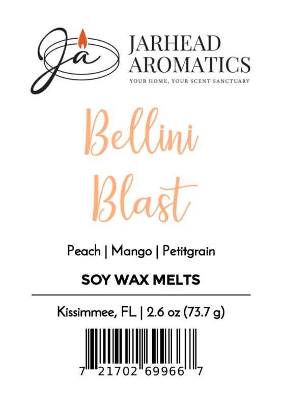 Jarhead Aromatics’ Bellini Blast Soy Wax Melt features a tropical peach, mango, and citrus scent. Includes 2.6 oz weight, barcode, orange script text, and is made in Kissimmee, FL. Enjoy long-lasting fragrance with these wax melts.