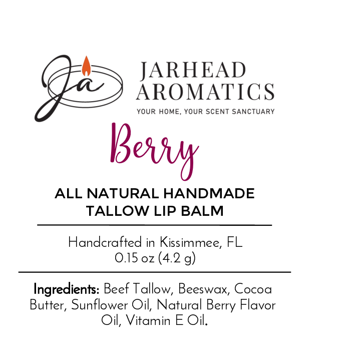 Jarhead Aromatics Tallow Lip Balm - All Natural - Assorted Flavors features grass-fed beef tallow, beeswax, cocoa butter, sunflower oil & vitamin E. Nourish your lips naturally! 0.15 oz | Made in Kissimmee, FL.
