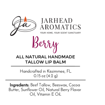 Jarhead Aromatics Tallow Lip Balm - All Natural - Assorted Flavors features grass-fed beef tallow, beeswax, cocoa butter, sunflower oil & vitamin E. Nourish your lips naturally! 0.15 oz | Made in Kissimmee, FL.