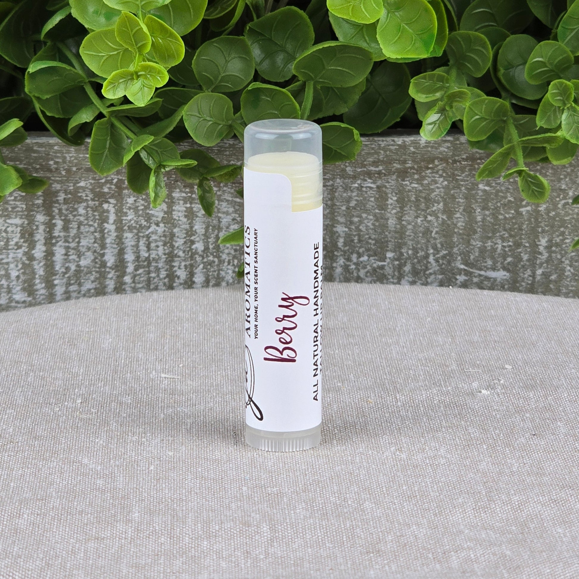 A tube of Jarhead Aromatics Tallow Lip Balm - All Natural - Assorted Flavors labeled “Berry” stands upright on a light fabric, with green plants and a gray textured planter in the background.