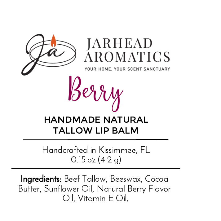 Jarhead Aromatics Tallow Handmade Natural Lip Balm - Assorted Flavors, crafted in Kissimmee, FL. 0.15 oz (4.2 g). Ingredients: beef tallow, beeswax, cocoa butter, sunflower oil, flavor oil, vitamin E oil.