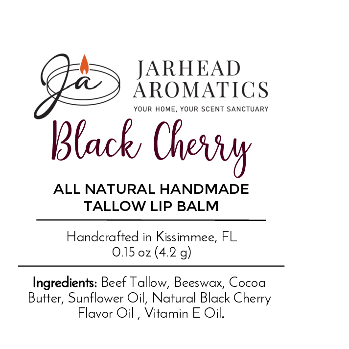 Jarhead Aromatics Tallow Lip Balm – All Natural, Assorted Flavors. Handmade in Kissimmee, FL with grass-fed beef tallow, beeswax, cocoa butter, sunflower oil, black cherry flavor oil & vitamin E oil.