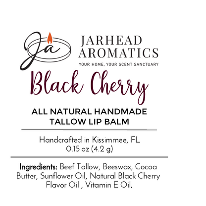 Jarhead Aromatics Tallow Lip Balm – All Natural, Assorted Flavors. Handmade in Kissimmee, FL with grass-fed beef tallow, beeswax, cocoa butter, sunflower oil, black cherry flavor oil & vitamin E oil.
