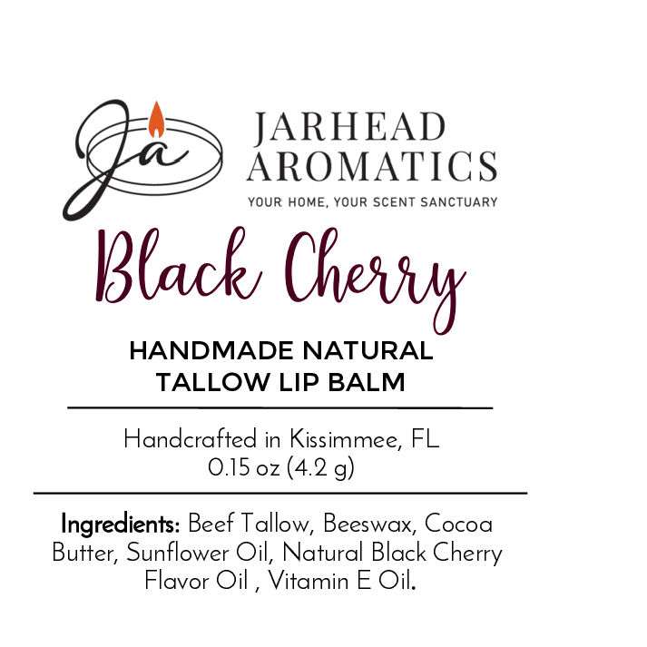 Jarhead Aromatics Tallow Handmade Natural Lip Balm - Assorted Flavors. Made with grass-fed beef tallow, beeswax, cocoa butter, premium oils & natural flavors. Handcrafted in Kissimmee, FL. Net wt: 0.15 oz (4.2g).