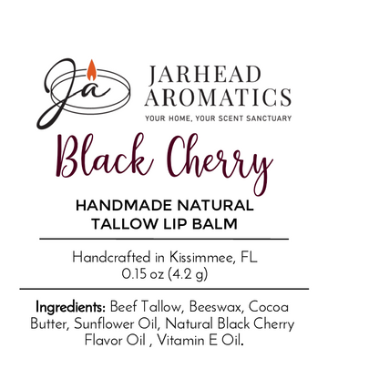 Jarhead Aromatics Tallow Handmade Natural Lip Balm - Assorted Flavors. Made with grass-fed beef tallow, beeswax, cocoa butter, premium oils & natural flavors. Handcrafted in Kissimmee, FL. Net wt: 0.15 oz (4.2g).