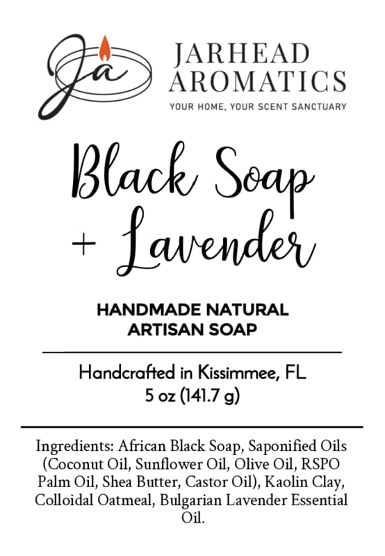 A label for Jarhead Aromatics Black Soap + Lavender Handmade Natural Artisan Soap | African Black Soap & Calming Lavender, a handmade natural soap from Kissimmee, FL. This soothing bar showcases ingredients and the Jarhead Aromatics logo on a crisp white background.