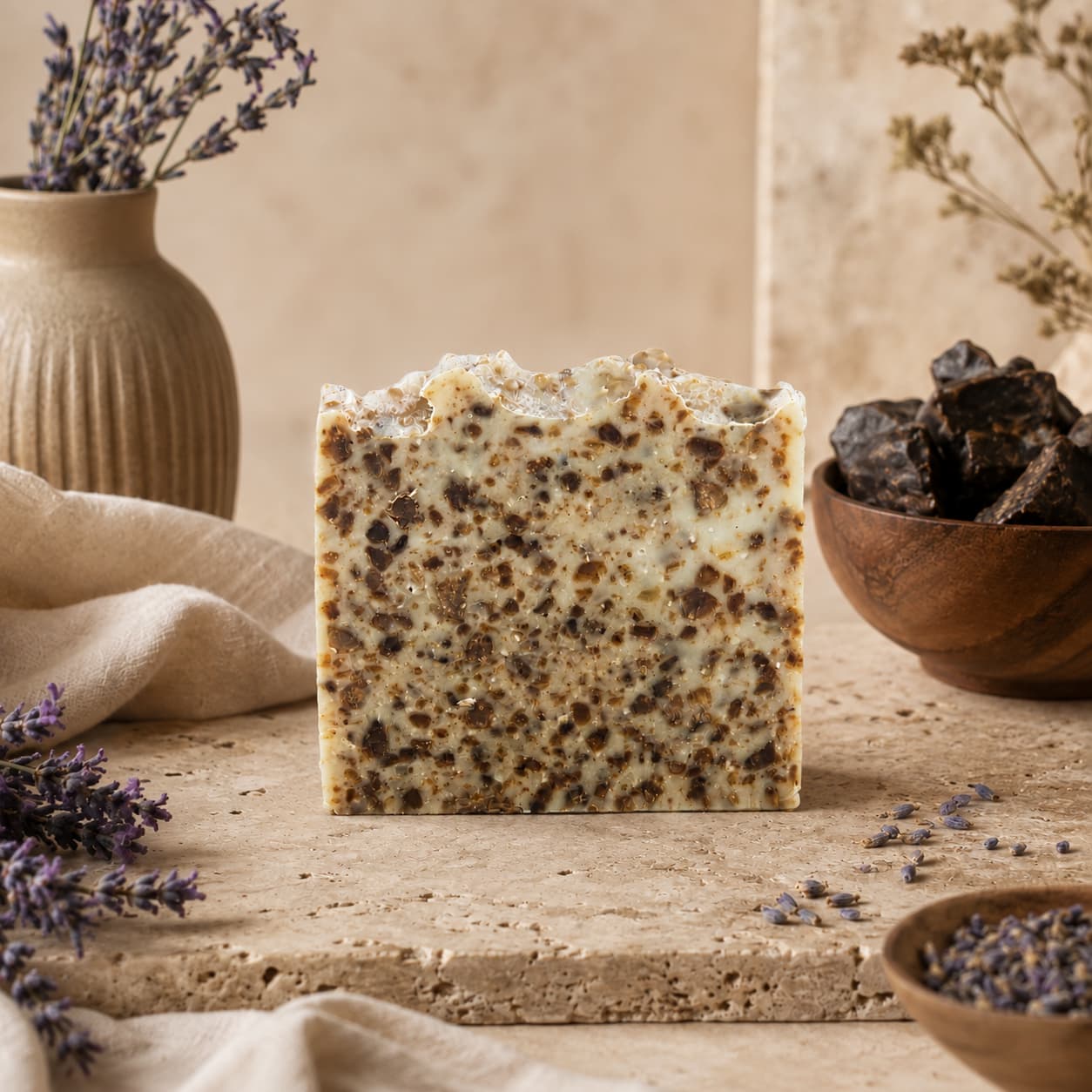 A bar of Jarhead Aromatics Black Soap + Lavender Handmade Natural Artisan Soap rests on a stone surface, surrounded by dried lavender, a ceramic vase, a wooden bowl filled with dark African Black Soap chunks, and a beige cloth in a rustic setting.
