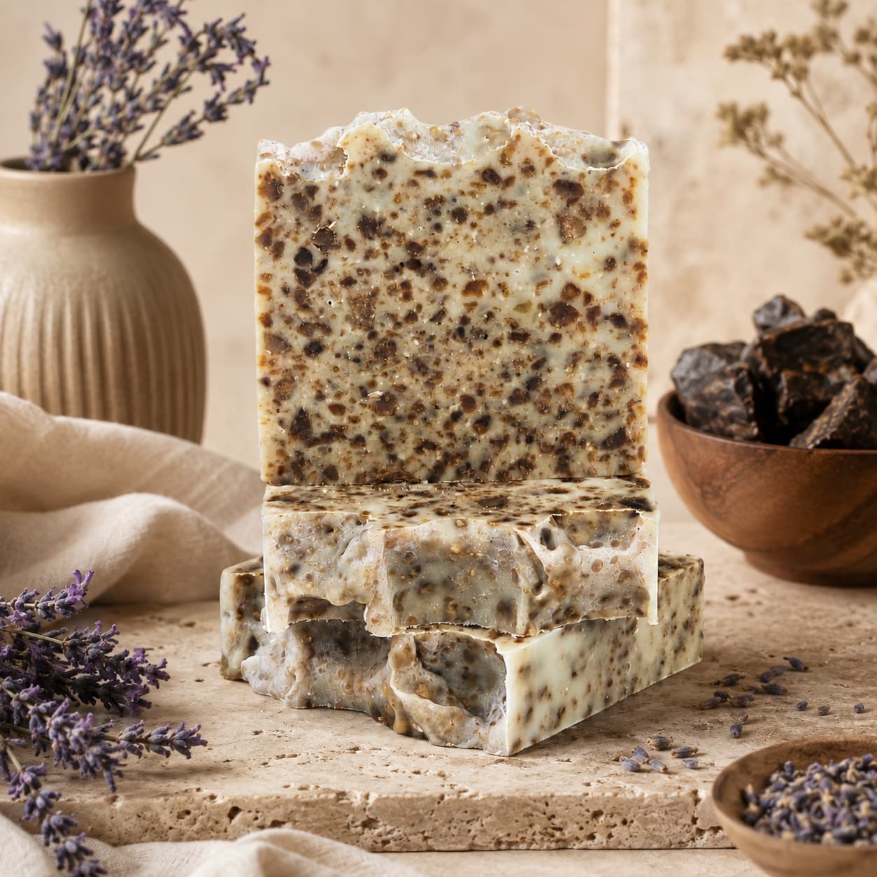 Two bars of Jarhead Aromatics’ Black Soap + Lavender Handmade Natural Artisan Soap are stacked on a stone surface, showcasing their speckled textures. In the background, dried lavender, a ceramic vase, and a wooden bowl filled with chunks of African Black Soap create an inviting display.