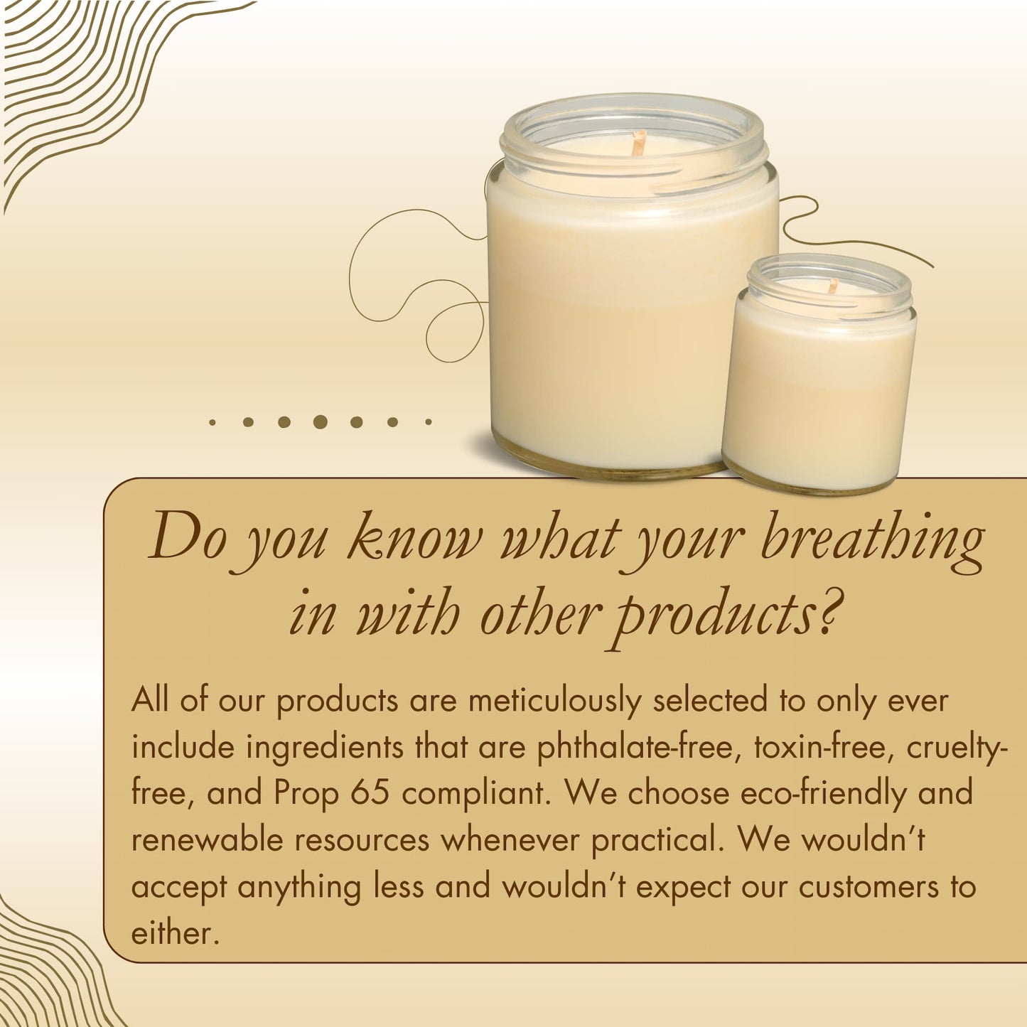 Two cream-colored Jarhead Aromatics candles in clear jars sit on a beige background with decorative lines. Below, text highlights The Lumberjack Soy Wax Candle—cedar, oak & mahogany scent with clean, toxin-free ingredients.