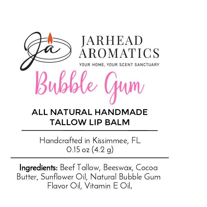 Jarhead Aromatics Tallow Handmade Natural Lip Balm - Assorted Flavors label lists ingredients including beef tallow, beeswax, cocoa butter, sunflower oil, flavor oil (such as bubble gum), and vitamin E oil.