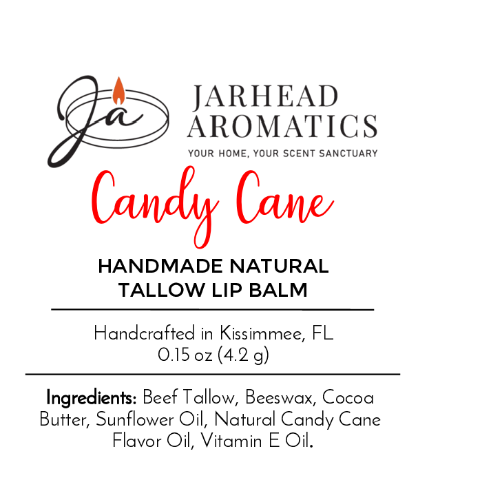 Label for Jarhead Aromatics Tallow Handmade Natural Lip Balm – Assorted Flavors. Made with grass-fed beef tallow. Full ingredients listed. Handcrafted in Kissimmee, FL. Logo: candle flame above stylized initials.