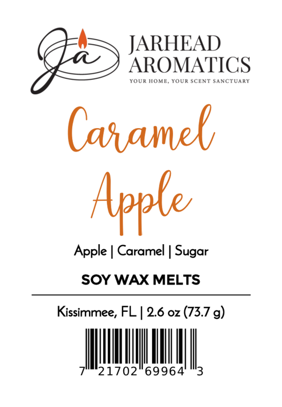 Label for Jarhead Aromatics Caramel Apple Soy Wax Melt | Sweet Apple & Warm Caramel Wax Melts, scented with apple, caramel & sugar notes; 2.6 oz/73.7g, Kissimmee, FL; includes logo and barcode.