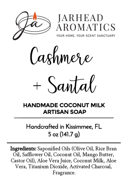 Label for Jarhead Aromatics Cashmere + Santal Handmade Coconut Milk Artisan Soap. 5 oz, crafted in Kissimmee, FL. Ingredients listed below.