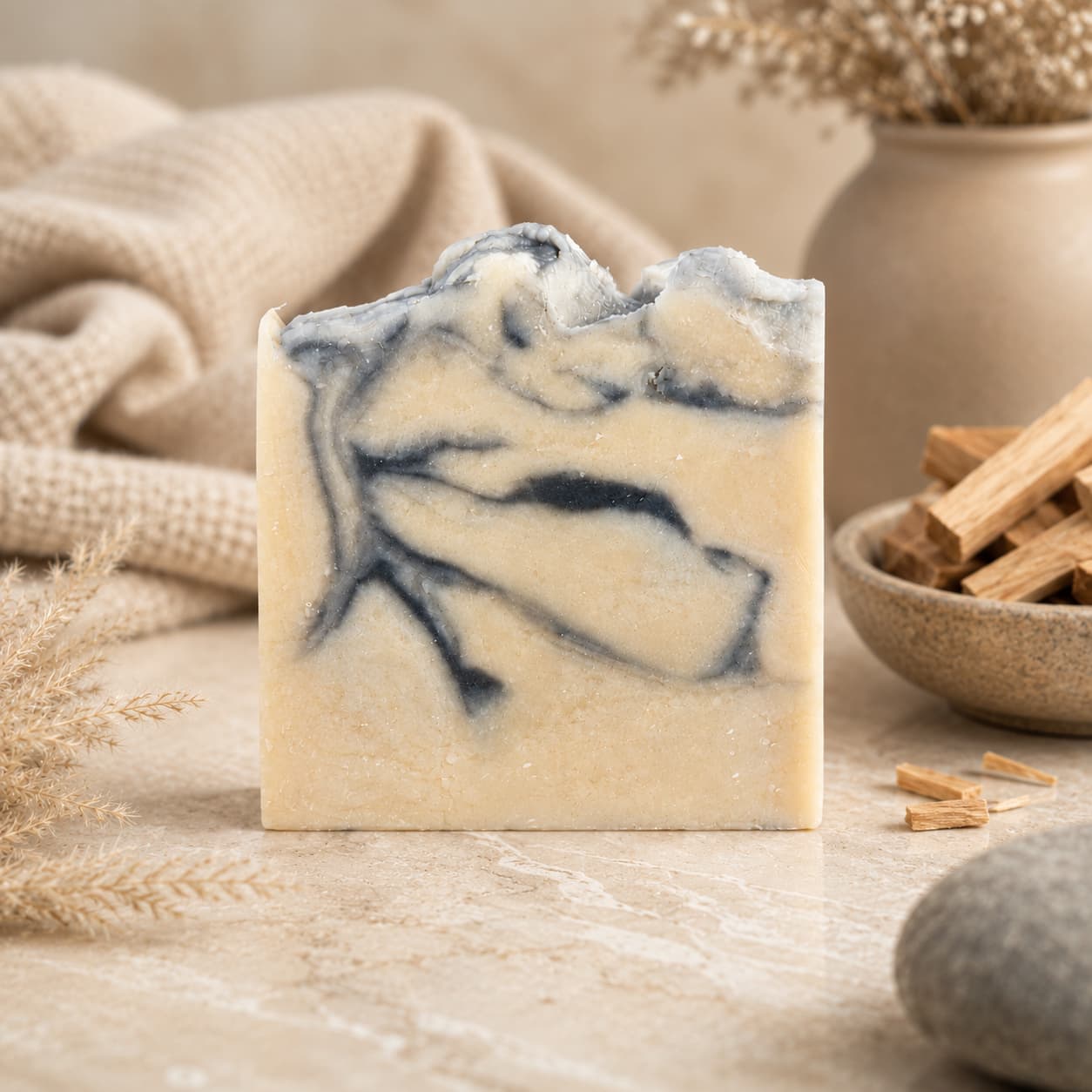 A bar of Jarhead Aromatics’ Cashmere + Santal Handmade Coconut Milk Artisan Soap, featuring blue swirls and a warm smoky sandalwood scent, sits on a marble surface surrounded by dried plants, wood pieces in a bowl, a gray stone, and a beige textured cloth in the background.
