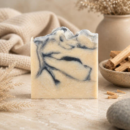 A bar of Jarhead Aromatics’ Cashmere + Santal Handmade Coconut Milk Artisan Soap, featuring blue swirls and a warm smoky sandalwood scent, sits on a marble surface surrounded by dried plants, wood pieces in a bowl, a gray stone, and a beige textured cloth in the background.