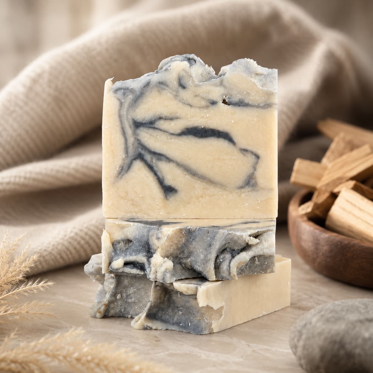 Two bars of Jarhead Aromatics’ Cashmere + Santal Handmade Coconut Milk Artisan Soap, featuring elegant gray and cream marbling, are stacked on a marble surface. In the softly blurred background, a beige cloth, dried grass, stones, and a wooden bowl with sticks add natural accents.