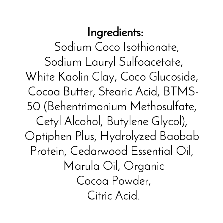 The Cedarwood Handmade Shampoo & Conditioner Bar by Jarhead Aromatics lists ingredients like sodium coco isothionate, kaolin clay, cocoa butter, stearic acid, BTMS-50, essential oil, cocoa powder, and citric acid on a white background.