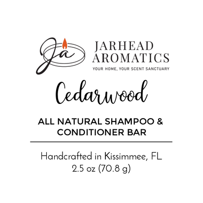 Product label for Jarhead Aromatics Cedarwood Handmade Shampoo & Conditioner Bar - All Natural, handcrafted in Kissimmee, FL, 2.5 oz (70.8 g). Logo and text in black on a white background.
