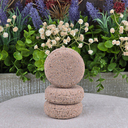 Three round Cedarwood Handmade Shampoo & Conditioner Bars by Jarhead Aromatics stacked on a gray surface, with lush greenery and purple-white artificial flowers in the background.