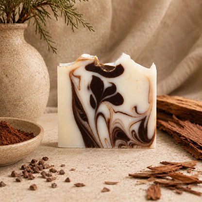 A bar of Cedarwood + Cocoa Handmade Natural Tallow Artisan Soap by Jarhead Aromatics, featuring warm cedarwood and earthy cocoa hues with brown and cream swirls, rests on a textured surface surrounded by wood pieces, cocoa nibs, ground powder, and a beige vase holding evergreen branches in the background.