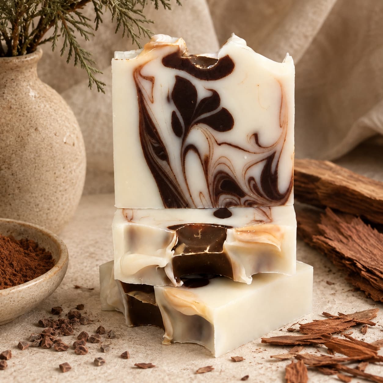 Three Cedarwood + Cocoa Handmade Natural Tallow Artisan Soap bars from Jarhead Aromatics, featuring creamy white and brown marbled swirls, are stacked on a beige surface among natural decor, wood pieces, and a vase of greenery. These warm cedarwood and earthy cocoa soaps effortlessly add a touch of elegance to any setting.