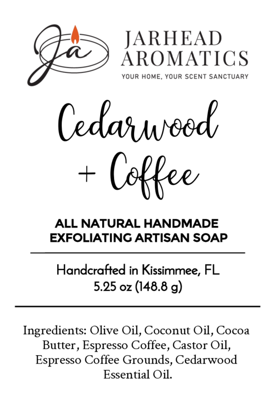 Jarhead Aromatics Cedarwood + Coffee Handmade Soap—All Natural, 5.25 oz. Crafted in Kissimmee, FL with nourishing oils, butters, coffee grounds, and cedarwood essential oil for a refreshing exfoliating artisan soap experience.
