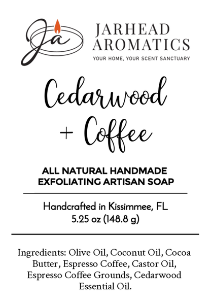 Jarhead Aromatics Cedarwood + Coffee Handmade Soap—All Natural, 5.25 oz. Crafted in Kissimmee, FL with nourishing oils, butters, coffee grounds, and cedarwood essential oil for a refreshing exfoliating artisan soap experience.