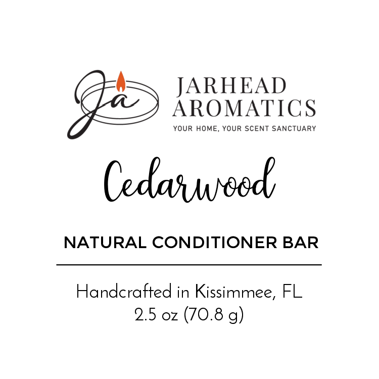 Jarhead Aromatics Cedarwood Handmade Natural Conditioner Bar label. Handcrafted in Kissimmee, FL, 2.5 oz (70.8 g), featuring the Jarhead Aromatics logo and tagline: Your Home, Your Scent Sanctuary.
