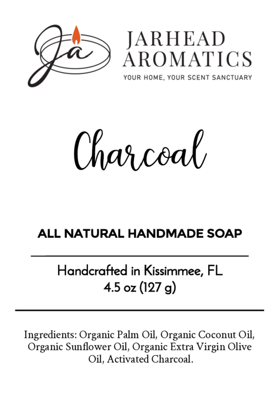 Jarhead Aromatics Charcoal Handmade Soap - All Natural, 4.5 oz. Made with organic palm, coconut, sunflower, and olive oils plus activated charcoal for a natural clean. Handcrafted in Kissimmee, FL.