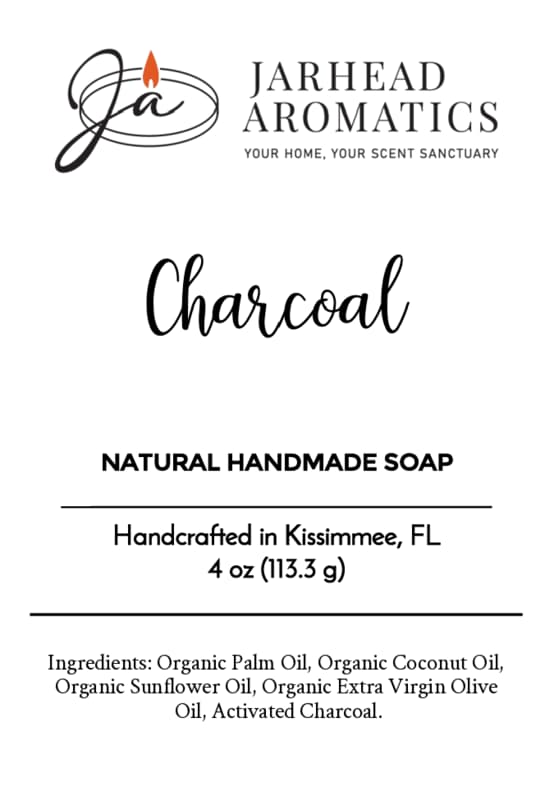 Product label for Jarhead Aromatics Charcoal Natural Handmade Soap, listing the weight and ingredients for this unscented activated charcoal bar.