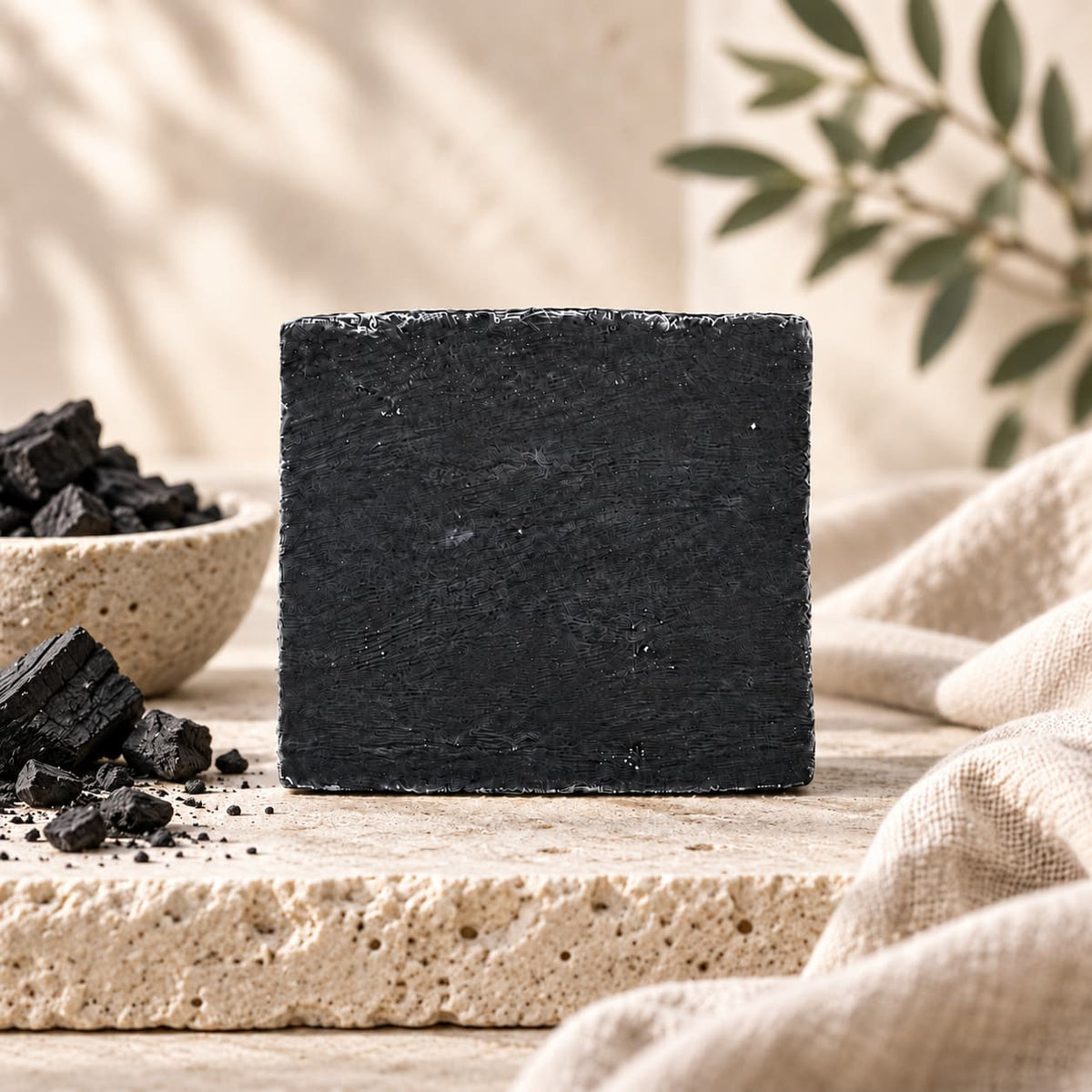 A square bar of Charcoal Natural Handmade Soap | Unscented Activated Charcoal Bar Soap by Jarhead Aromatics standing on a stone surface next to a small bowl of charcoal chunks.