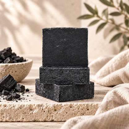A stack of three Charcoal Natural Handmade Soap bars next to a small bowl of charcoal pieces.