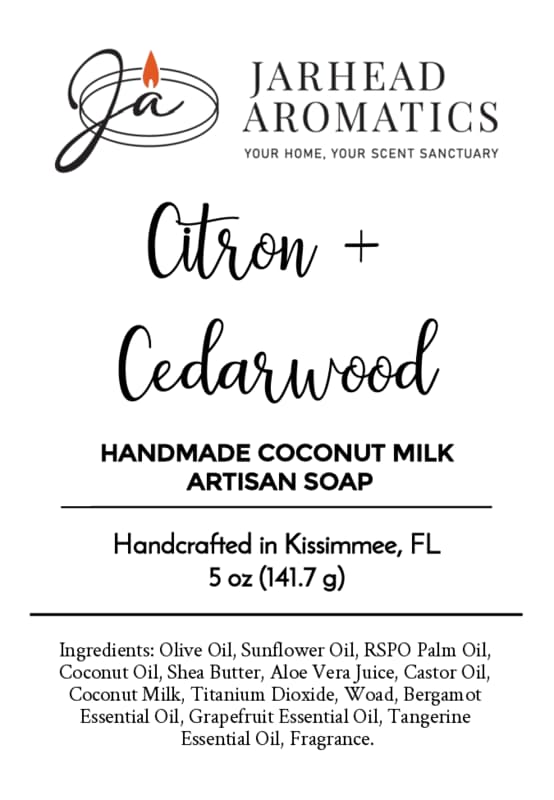 Label for Jarhead Aromatics Citron + Cedarwood Handmade Coconut Milk Artisan Soap—a bright citrus and woodsy cedar soap crafted with an invigorating blend of citron and cedarwood essential oils. This artisan bar is made in Kissimmee, FL, and features nourishing ingredients such as coconut milk, olive oil, and essential oils. Net weight: 5 oz (141.7 g).