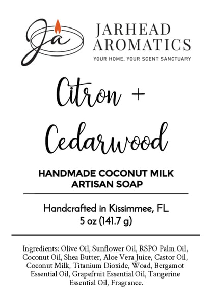 Label for Jarhead Aromatics Citron + Cedarwood Handmade Coconut Milk Artisan Soap—a bright citrus and woodsy cedar soap crafted with an invigorating blend of citron and cedarwood essential oils. This artisan bar is made in Kissimmee, FL, and features nourishing ingredients such as coconut milk, olive oil, and essential oils. Net weight: 5 oz (141.7 g).