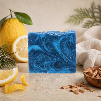 A blue marbled bar of Jarhead Aromatics Citron + Cedarwood Handmade Coconut Milk Artisan Soap rests on a stone surface, surrounded by lemon slices, a whole lemon, green leaves, a beige cloth, wood shavings, and evergreen sprigs. This bright citrus and woodsy cedar soap is artisanally crafted with nourishing coconut milk for a luxurious cleansing experience.
