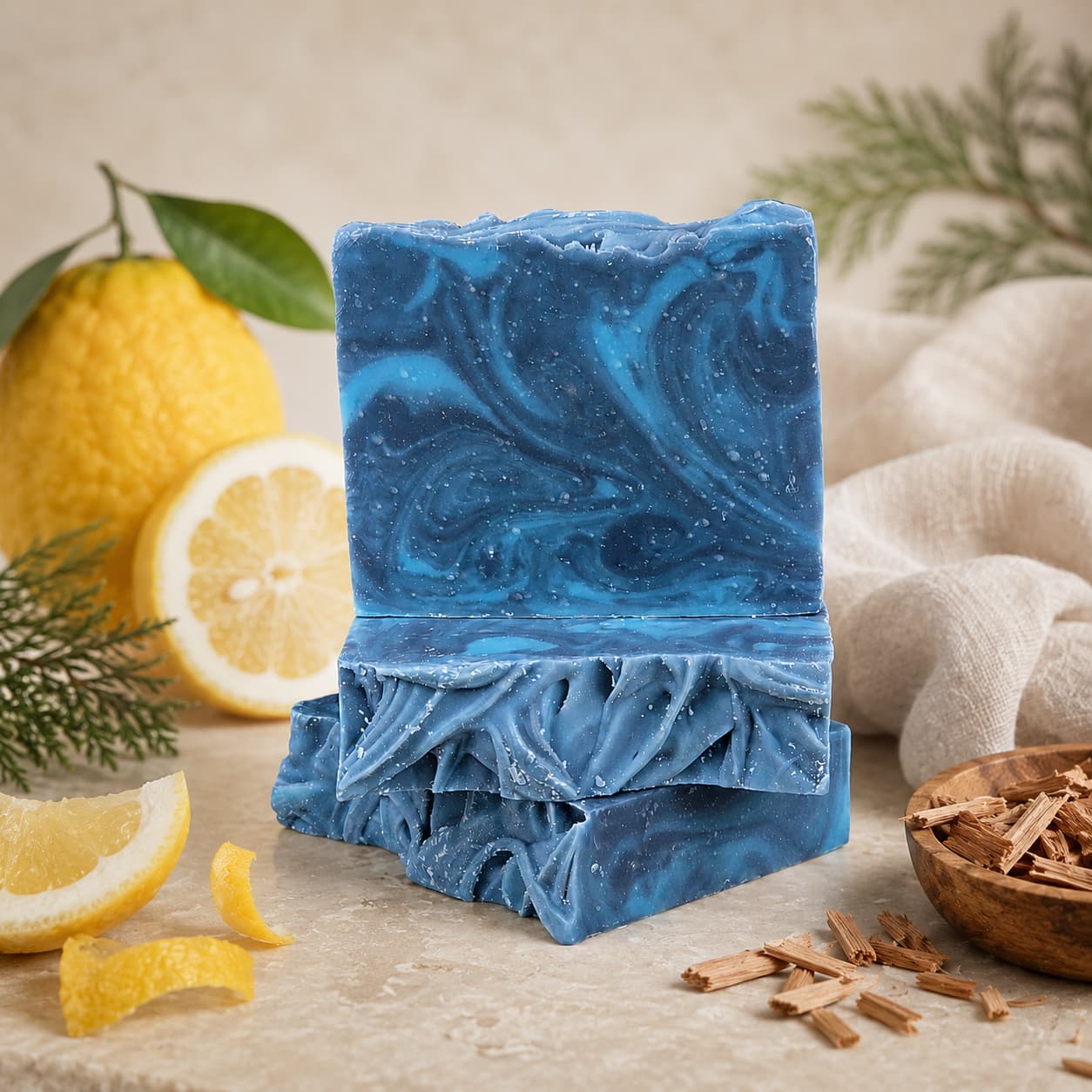 Two blue marbled bars of Citron + Cedarwood Handmade Coconut Milk Artisan Soap by Jarhead Aromatics are stacked on a neutral surface, surrounded by lemon slices, a whole lemon, green leaves, a beige cloth, and a bowl of wood shavings. This bright citrus and woodsy cedar soap is skillfully crafted to evoke freshness and elegance.