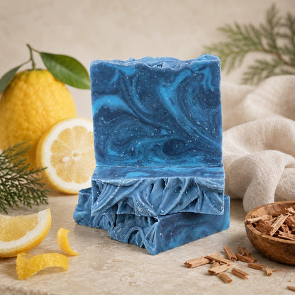 Two blue marbled bars of Citron + Cedarwood Handmade Coconut Milk Artisan Soap by Jarhead Aromatics are stacked on a neutral surface, surrounded by lemon slices, a whole lemon, green leaves, a beige cloth, and a bowl of wood shavings. This bright citrus and woodsy cedar soap is skillfully crafted to evoke freshness and elegance.