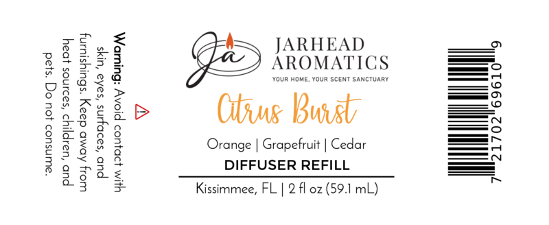 The Citrus Burst Diffuser Refill by Jarhead Aromatics blends orange, mango, and grapefruit. 2 fl oz home fragrance oil refill. Avoid skin contact; keep from children, pets, and heat. Made in Kissimmee, FL.