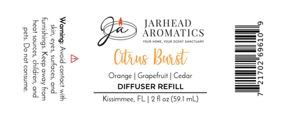The Citrus Burst Diffuser Refill by Jarhead Aromatics blends orange, mango, and grapefruit. 2 fl oz home fragrance oil refill. Avoid skin contact; keep from children, pets, and heat. Made in Kissimmee, FL.