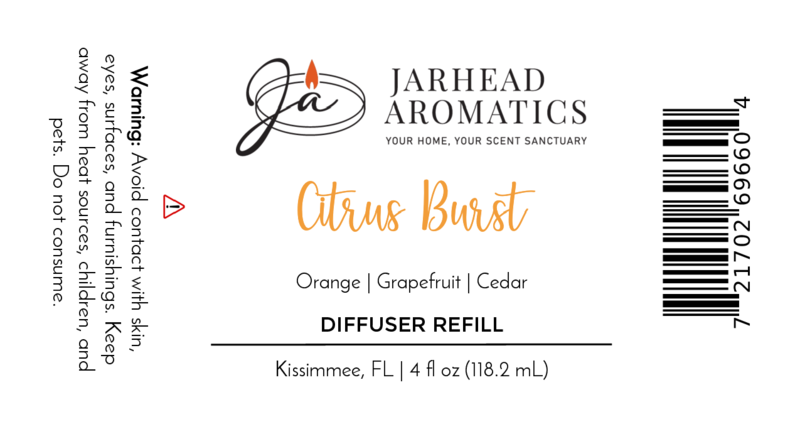 Jarhead Aromatics Citrus Burst Diffuser Refill | Orange, Mango & Grapefruit Home Fragrance Oil. Fruity scent for home. Warning: Avoid skin contact; keep away from children/pets. Includes barcode and location details.