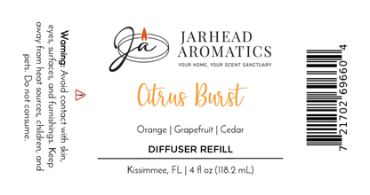 Jarhead Aromatics Citrus Burst Diffuser Refill | Orange, Mango & Grapefruit Home Fragrance Oil. Fruity scent for home. Warning: Avoid skin contact; keep away from children/pets. Includes barcode and location details.