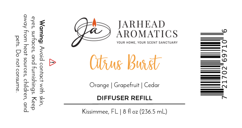Jarhead Aromatics Citrus Burst Diffuser Refill—Orange, Mango & Grapefruit home fragrance oil refill. 8 fl oz. Made in Kissimmee, FL. Avoid contact with skin, eyes, and surfaces.