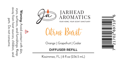 Jarhead Aromatics Citrus Burst Diffuser Refill—Orange, Mango & Grapefruit home fragrance oil refill. 8 fl oz. Made in Kissimmee, FL. Avoid contact with skin, eyes, and surfaces.