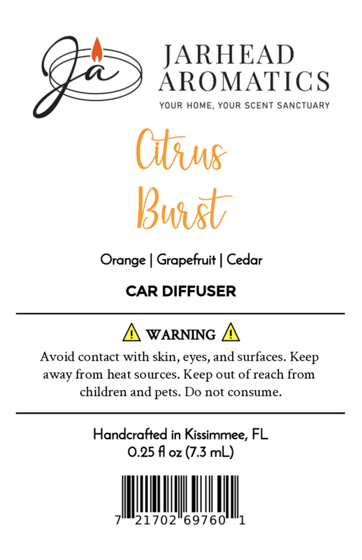 Label for the Citrus Burst Car Diffuser | Bright Citrus & Peach by Jarhead Aromatics, blending orange, grapefruit, cedar, and peach aromas. Handcrafted in Kissimmee, FL. Includes warnings and barcode.