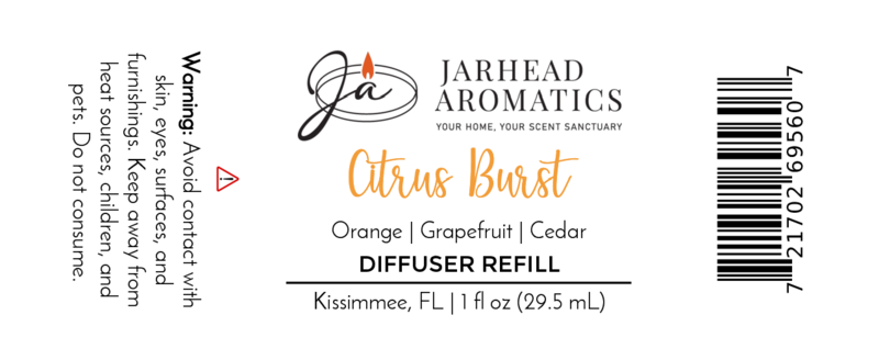 Jarhead Aromatics Citrus Burst Car Diffuser Refill, Bright Citrus & Tropical Fruit scent with notes of orange, grapefruit, and cedar. Warning: Avoid contact with skin/surfaces. 1 fl oz (29.5 mL) long-lasting air freshener.