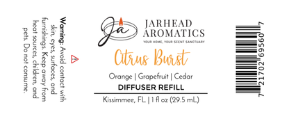 Jarhead Aromatics Citrus Burst Car Diffuser Refill, Bright Citrus & Tropical Fruit scent with notes of orange, grapefruit, and cedar. Warning: Avoid contact with skin/surfaces. 1 fl oz (29.5 mL) long-lasting air freshener.