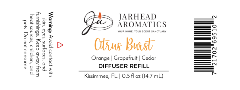 Jarhead Aromatics Citrus Burst Cold Air Diffuser Refill—Bright Citrus & Tropical Fruit scent. 0.5 fl oz refill. Includes caution on contact, brand details, and barcode on right side.